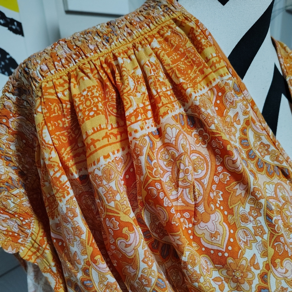 Rachel Zoe Cropped Paisley Orange Top Women's Medium Bohemian Hippie Scandigirl - Picture 5 of 6